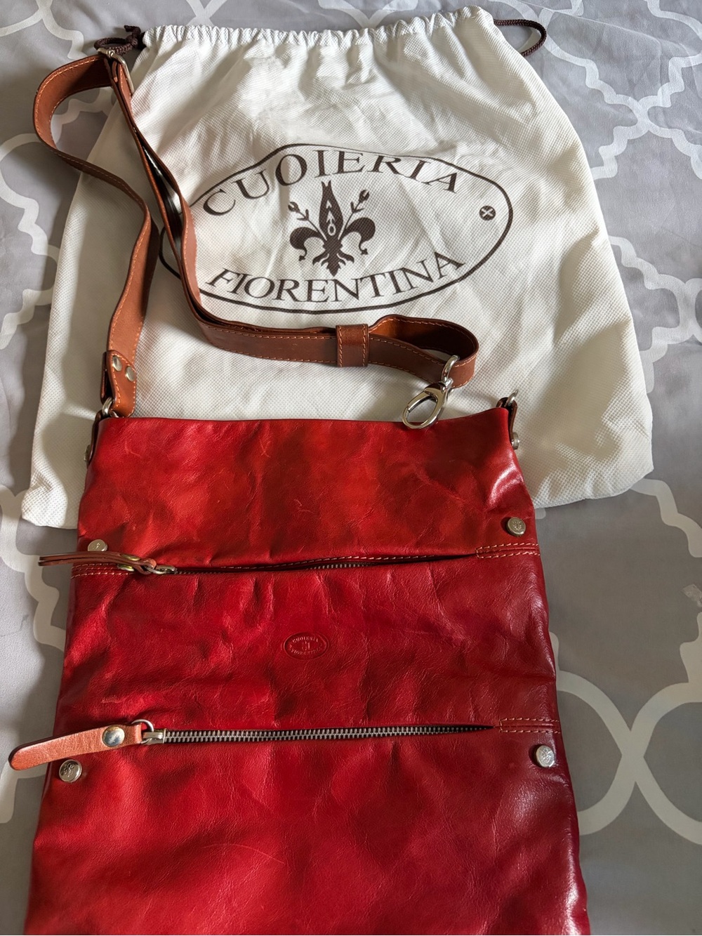Red leather crossbody Italy bag with change purse.